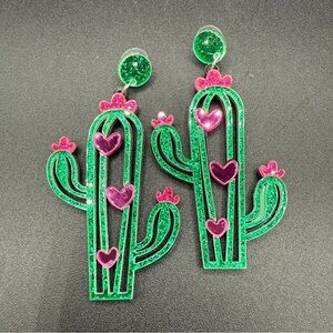 Green and Pink Cactus Earrings - Pierced